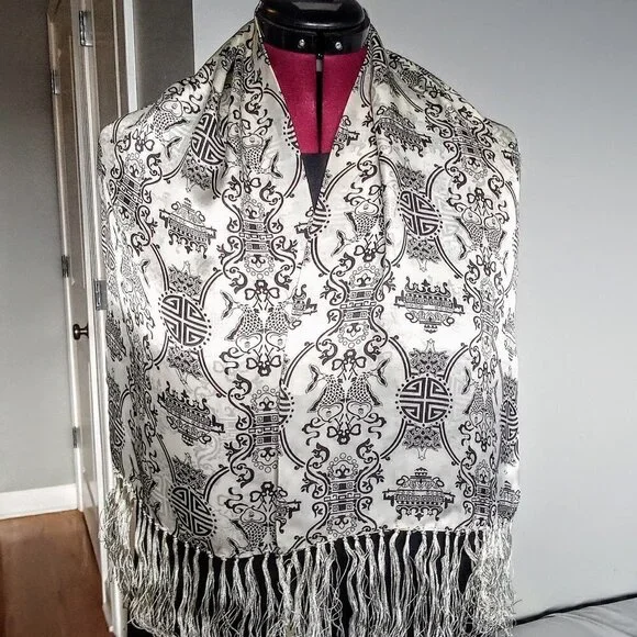 Chinese Black & Ivory Silk Oblong Fringed Scarf