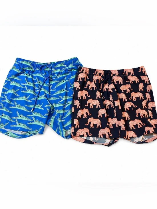 Lot 2 Bluemint Logan XL 6in Elephant Alligator Print Mens Mesh Lined Swim Trunks