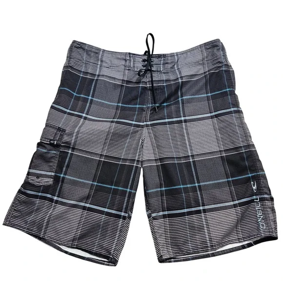 ONeill Mens Plaid Board Shorts Black White Blue Cargo Pocket Size 36‎ 14106702
