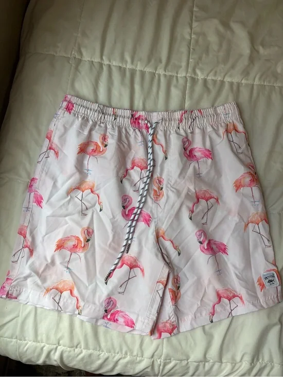 Men's Pink Flamingo Print Swim Trunks with Drawstring Waist