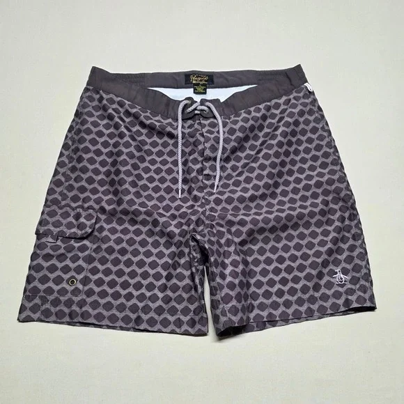 Original Penguin Men Brown Geometric Graphics Swim Trunks Size 30 Board Shorts