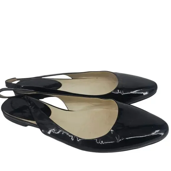 Vintage Jil Sander Black Patent Leather Almond Toe Slingback Flat Shoe EU 41 COA