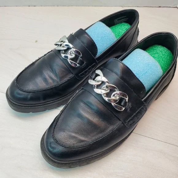 Anne‎ Klein Women's Black Loafers with Silver Chain Detail Size 9.5M