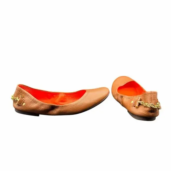 Lauren Ralph Lauren BARB Leather Chain Ballet Flats Tan Gold Hardware 9.5B