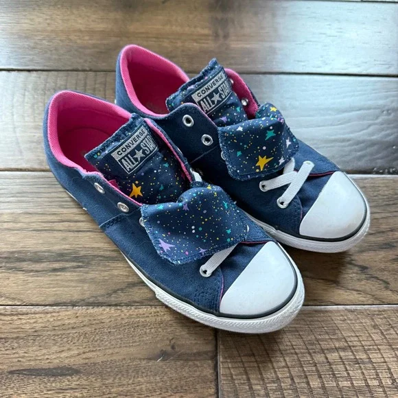 Converse All Star Girls Shoes Navy Blue Pink Star Print Lace Up Sneakers Sz‎ 5