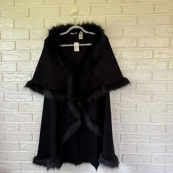 Soft Surroundings Women's Black Kamaria Wrap Faux‎ Fur Trim Size 12