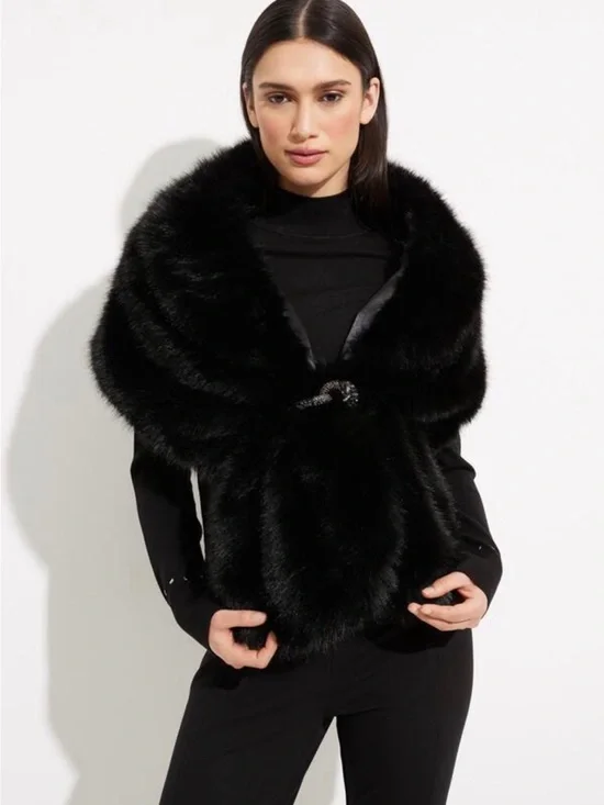 Joseph Ribkoff Black Faux Fur Shawl with Decorative Clasp
