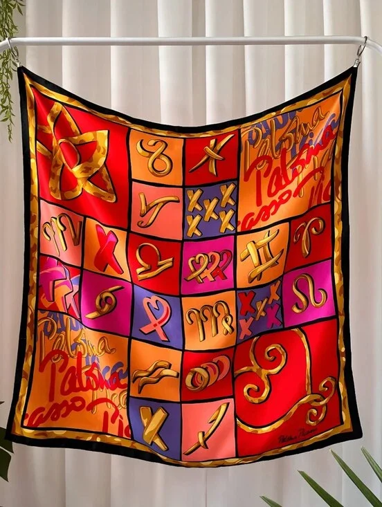 Vintage Paloma Picasso Parfums XOXO Astrological Zodiac Print Scarf 35