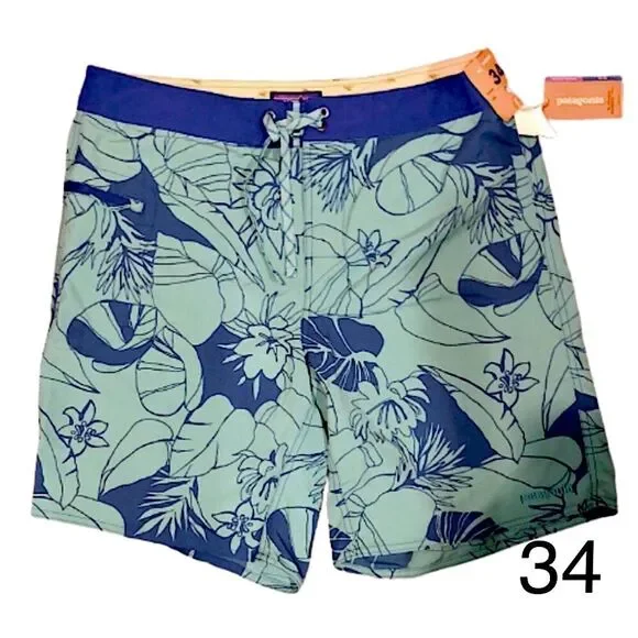PATAGONIA Mens Work Wear Board Short Navy Turquoise Hawaiian Pattern Sz 34