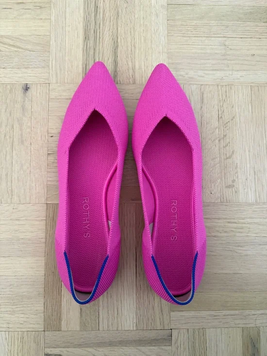 Rothy's Pointed Toe Flats in Hot Pink with Blue Heel Tab