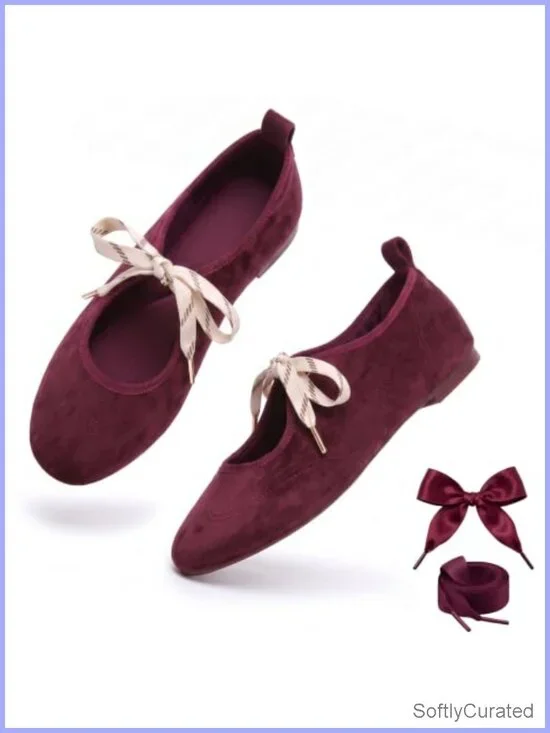 Women's Velvet Bow Ballet Flats Mary Jane Memory Foam Round Toe Slip On