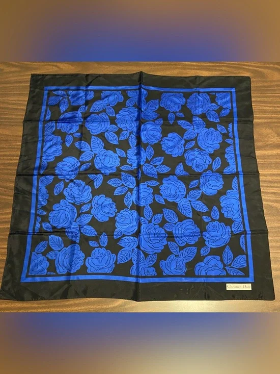 Vintage Dior Cobalt Blue & Black Floral Scarf