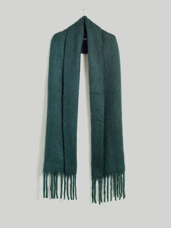 Madewell Dark Forest Earthy Green Fuzzy Contrast-Fringe Knit Scarf In Old Spruce