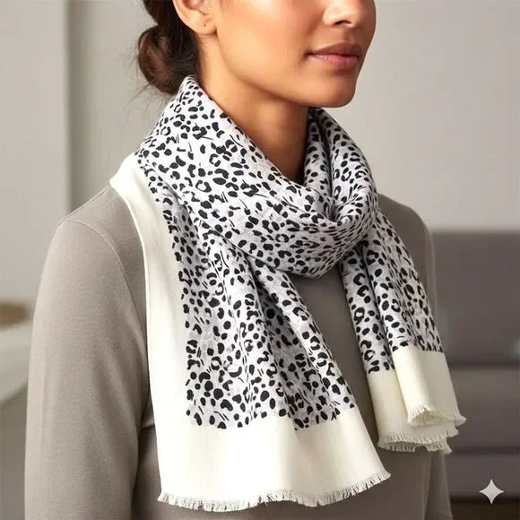 LOFT Scarf Grey Black White Pink Cheetah Print Soft Cotton 75x27 inches Large