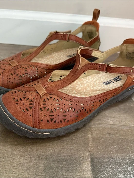 JBU Daffodil Shoes T-Strap Casual Flat 6.5 Brown Laser Cut Mary Jane Walking