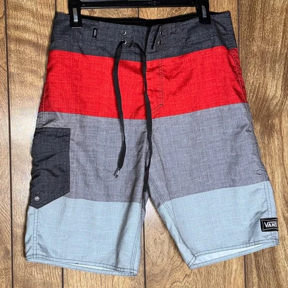 Vans Off The Wall Mens Board Shorts Colorblock Red Gray Blue Size 30 Pool Beach