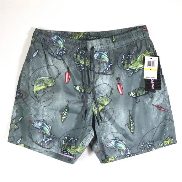 Psycho Tuna Swim Trunks Mens Large Charcoal Bass Fishing Board‎ Shorts Beachwear