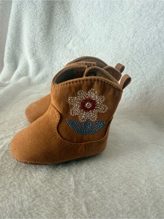 Kids Brown Suede Flower Booties
