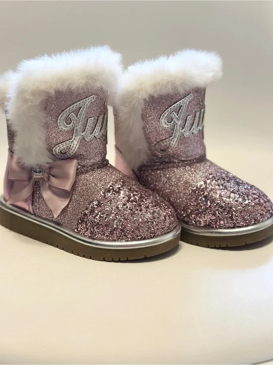 Juicy Couture Sparkle Pink Faux-Fur Bow Boots for toddler girls. Size 6M.