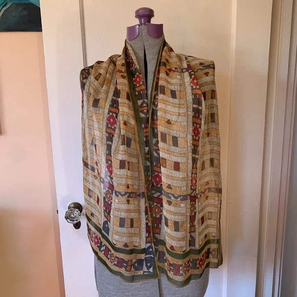 Ellen Tracy Scarf Geometric Tribal Print Earth Tones Sheer Green Tan 60x15