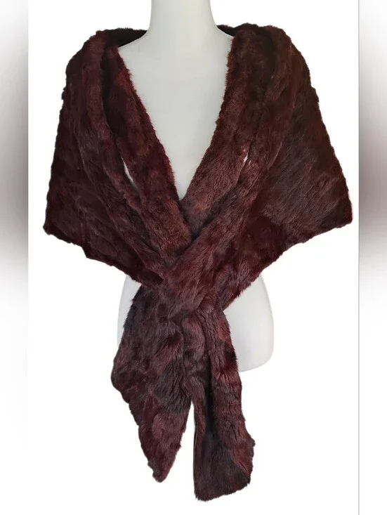 Vintage Plush Burgundy Faux Fur Wrap Shawl - Elegant Women’s Accessory