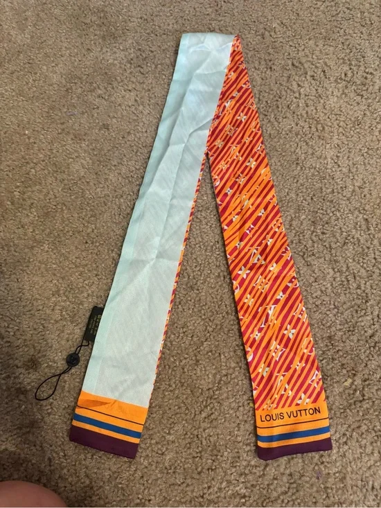 Louis Vuitton Orange & Light Blue Silk Twilly with Stripe Logo