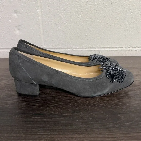 Sesto Meucci Gray Suede Beaded Pumps Women's Size 9M Italy Low Block Heel‎ Shoes