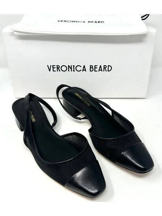 Veronica Beard Cecile Black Mesh Leather Cap Toe Slingback Heels Pumps 6.5M