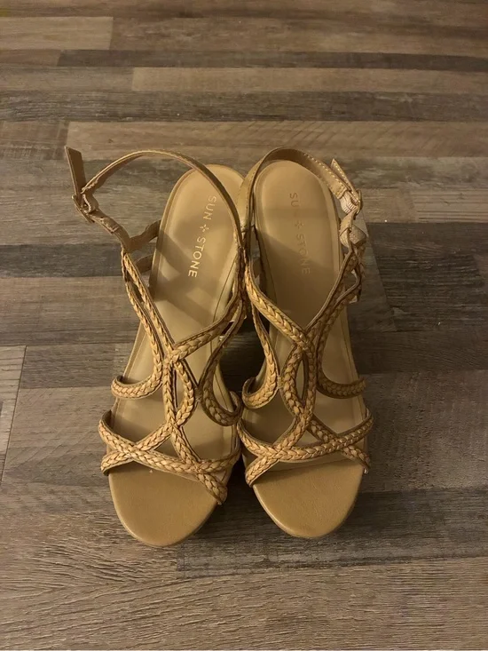 Sun + Stone Braided Tan Strappy Heeled Sandals