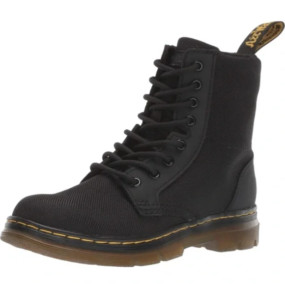 Dr. Martens Black Kids Lace-Up Combat Boot with Yellow Welt