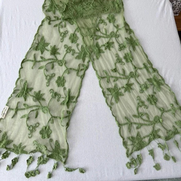 Indigo Soul Scarf Women Green Floral Mesh Embroidered Tassel Boho Cottagecore