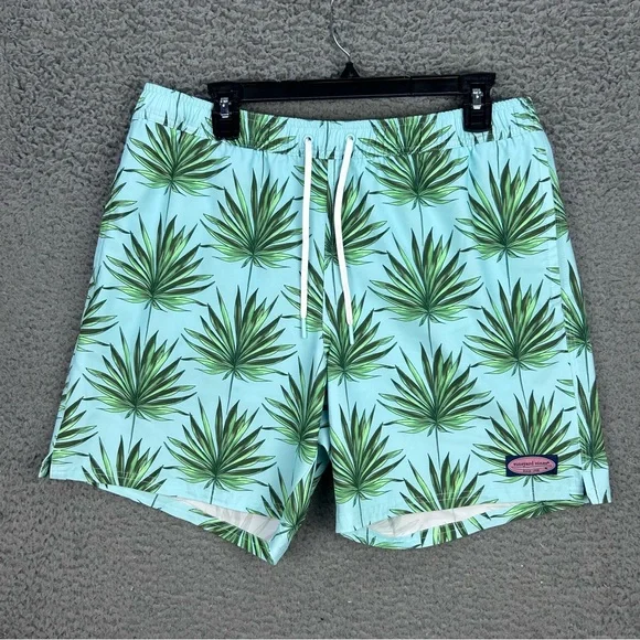 Vineyard Vines Mens Swim Trunks Large Chappy Palm Printed Green Lined 7” Inseam‎