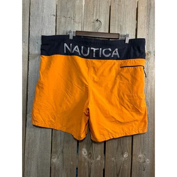 Nautica Mens‎ Orange Navy Colorblock Swim Trunks Logo Board Shorts Large T04850