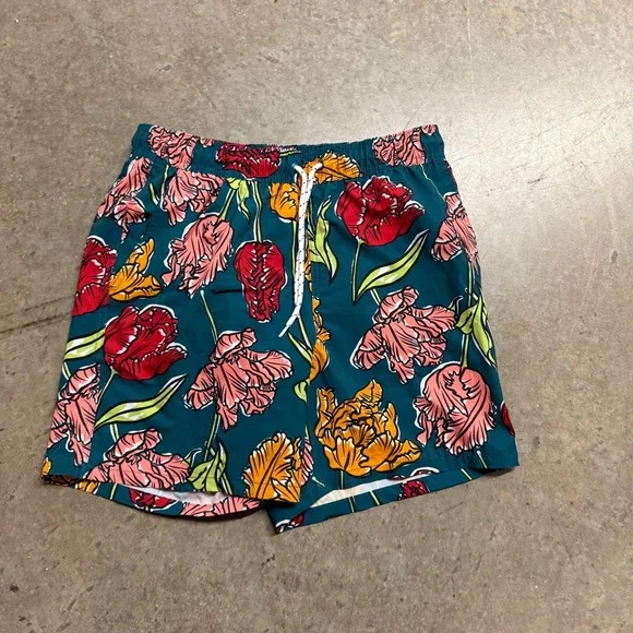 George Mens Swim Trunks Green Floral Tulip Print Mesh Lined Size Medium 32-34‎