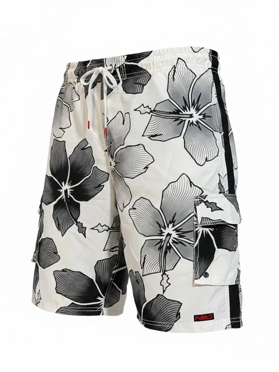 SURF MENTALITY BY LAGACI SPORT TROPICAL FLORAL PRINT SWIM TRUNKS WHI BLK SZ XXL