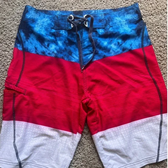Joe Boxer Board‎ Shorts Mens 32 Red White Blue Tie Dye Surf