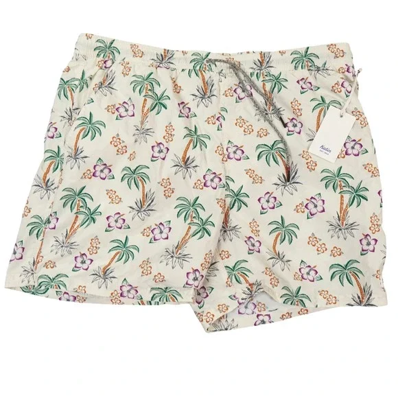 Katin‎ Aruba Volley Swim Trunks Men XXL Cream Tropical Palm Floral Board Shorts