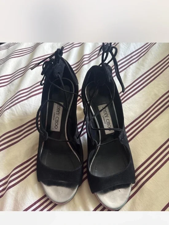 Jimmy Choo Black Lace-Up Suede Peep-Toe Heels