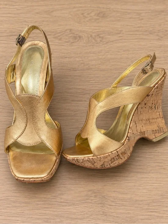 Via Spiga Gold Leather Women's Slingback platform strappy wedge Sandals 6.5