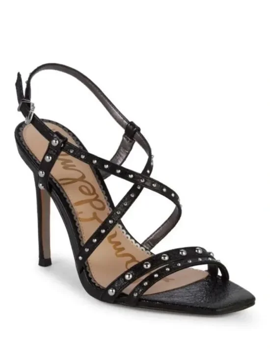 Sam Edelman LENNOX Black Glitter Silver Studded Strappy Open Toe Stiletto Heels