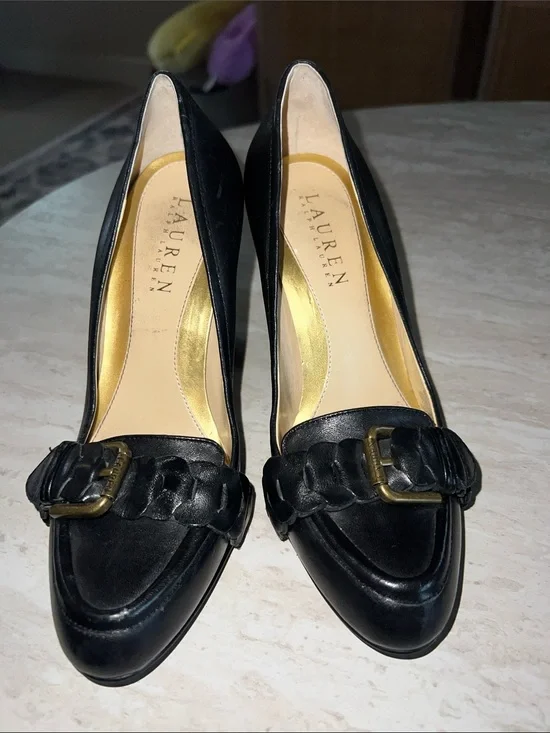 Lauren Ralph Lauren Black Leather Braided Buckle Pumps