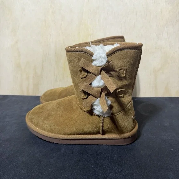 Koolaburra By UGG Womens Mini Boots Chestnut‎ Suede Shearling Bow US 3 Youth