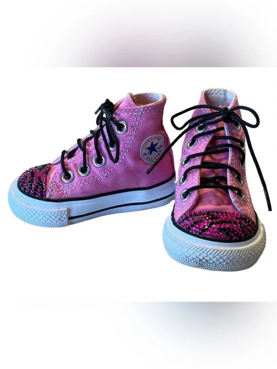 Converse All Star Pink Custom Rhinestone Zebra Bling High Top Sneakers Size 2