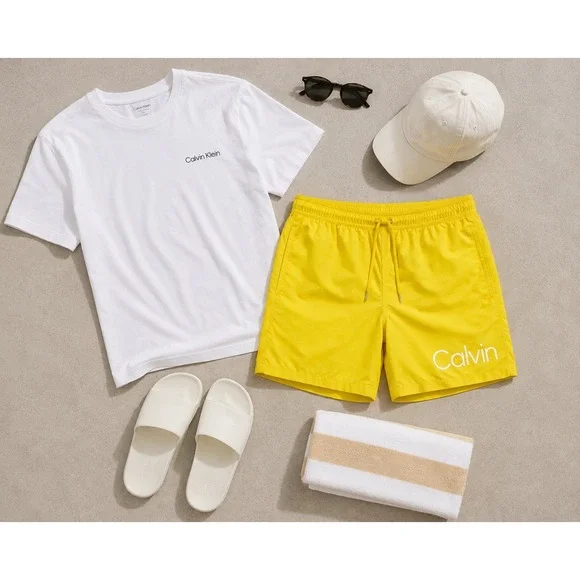 Calvin Klein Swim Trunks Mens XL Yellow Logo Board Shorts‎ Coastal grandpa Yacht