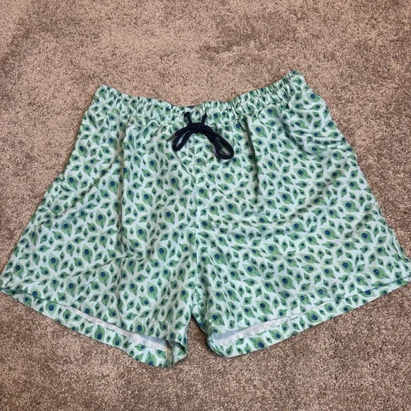 Happy Hour Bold Preppy Swim Trunks Mens Large Green Peacock Print Shorts‎
