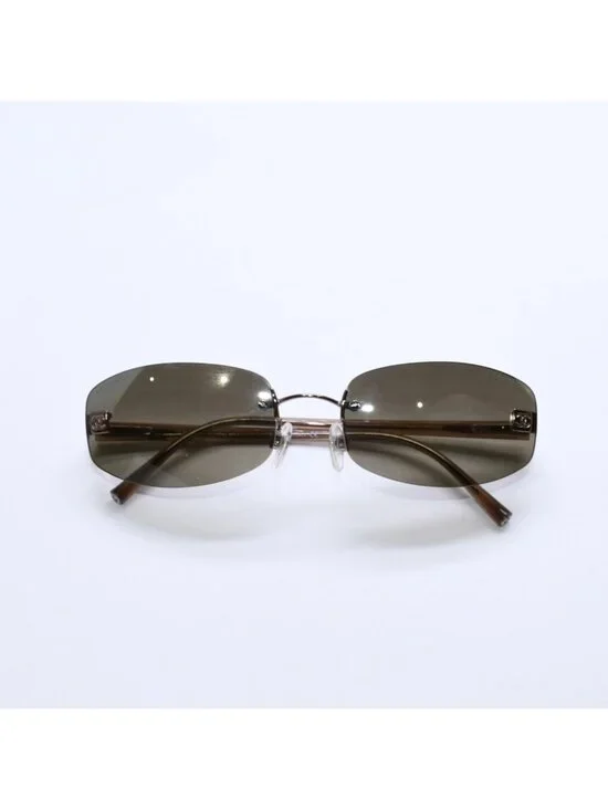 Chanel Rimless Sunglasses 18 Brown Acetate CC Logo Gold Eyewear