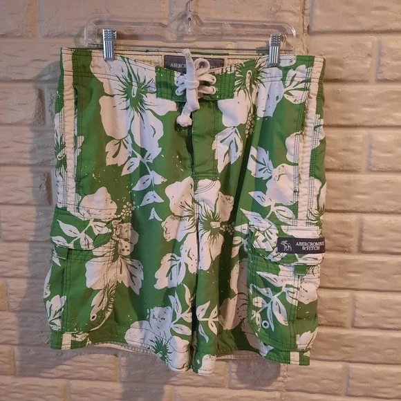Vtg Abercrombie & Fitch Swim Trunks Mens 36? Green Hawaiian‎ Y2K Cargo Lined