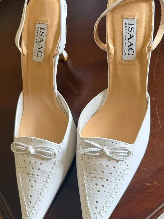 ISAAC MIZRAHI WHITE LEATHER SLINGBACK HEELS POINTED TOE BOW SLIP ON SIZE 11 B