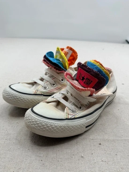 Converse Kids Low Top Sneakers with Rainbow Layered Tongues - White