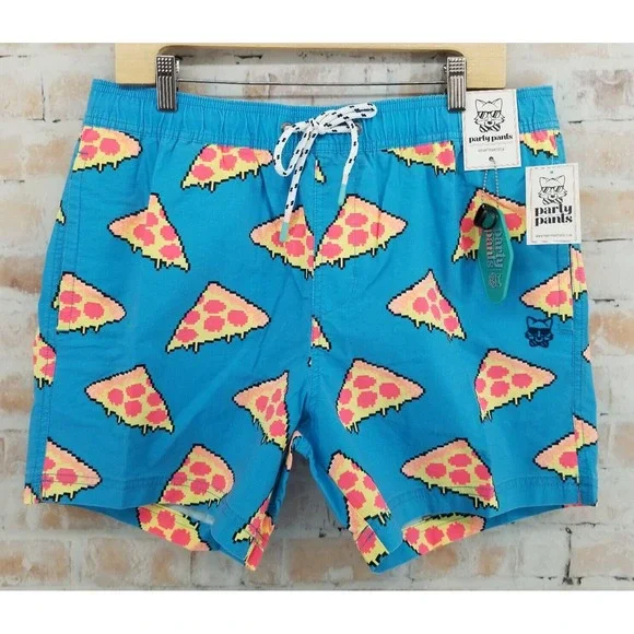 Party Pants USA Men's Swim Trunks Blue Baked Short Pizza Large NWT